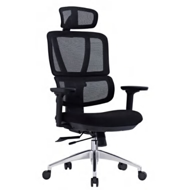 Ergonomic black office chair with mesh back headrest padded seat and adjustable armrests on a fivewheel base