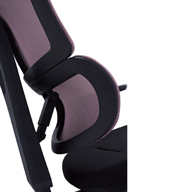 Partial close-up of a pink mesh ergonomic office chair's headrest and backrest with a black frame.