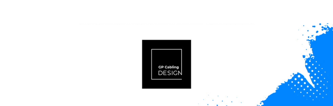 GP Cabling DESIGN logo centered on white with blue splash on the right side