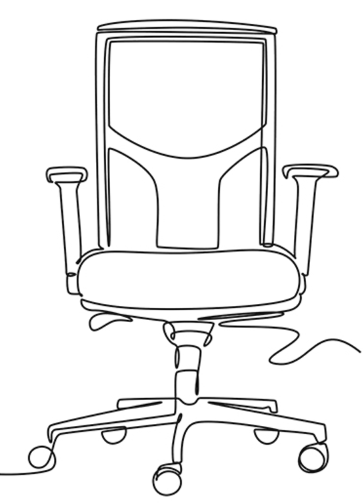 Line drawing of an ergonomic office chair with armrests five wheel base and curved back