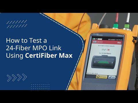 Tutorial thumbnail blue panel with the title next to a yellow CertiFiber Max tester connected to fiber cables