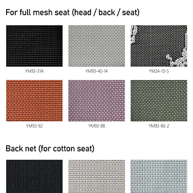 Two sections of fabric swatches For full mesh seat head  back  seat with six color samples labeled YM93 31A YM93 40 14 YM24 10 5 YM93 82 YM93 88 YM93 86 2 in a 3x2 grid The second row shows Back net for cotton seat with three additional color swatches