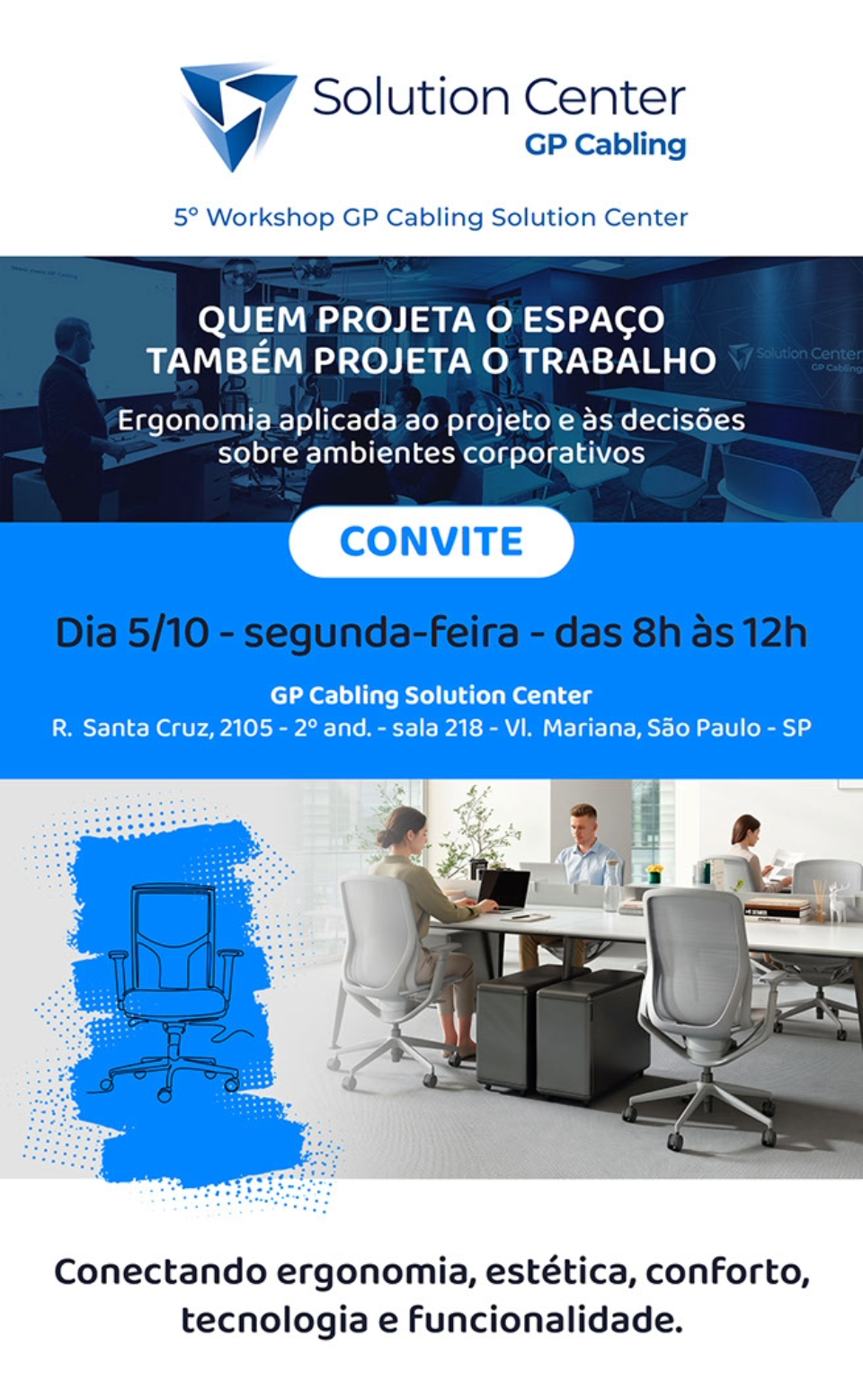 Event invitation banner for GP Cabling Solution Center with logo title date and a meeting room scene