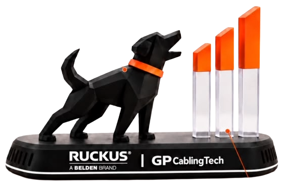Geometric black dog figurine on a black base beside three orange topped vertical bars with RUCKUS and GPcablingTech branding on the base
