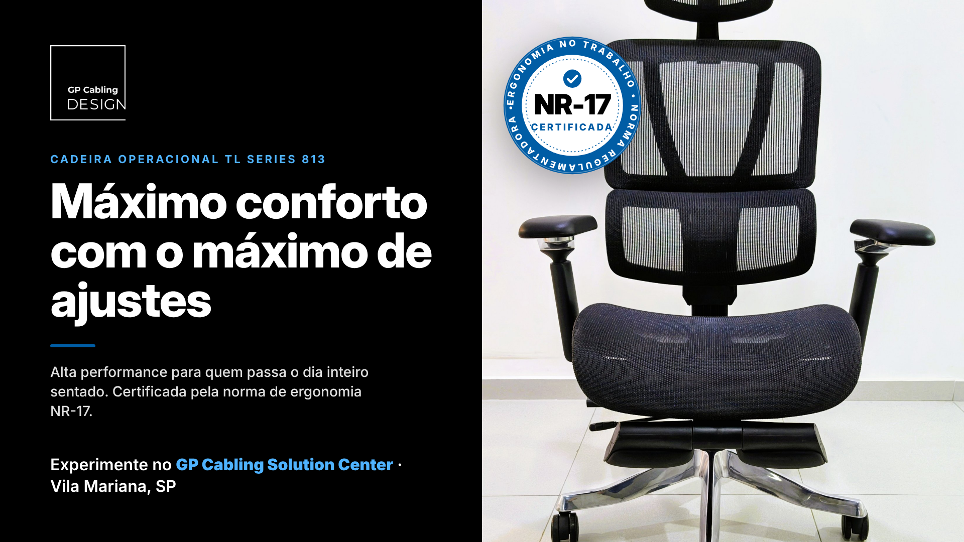 Ergonomic office chair with mesh back and chrome base, NR-17 certification badge.