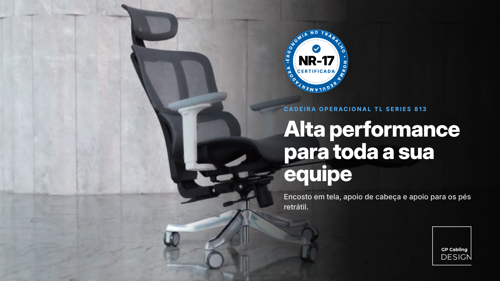 Ergonomic office chair on a two-tone background with NR-17 certificada badge and bold Portuguese headline promoting performance for your team