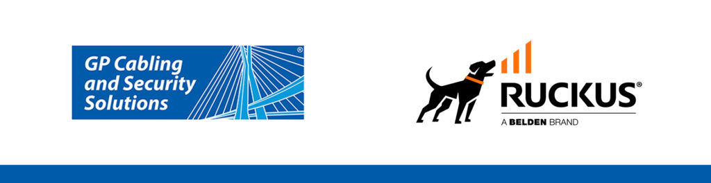 Logo pairing GP Cabling and Security Solutions and Ruckus by Belden indicating a partnership or sponsorship with branding elements side by side on a white background with a blue footer bar at the bottom